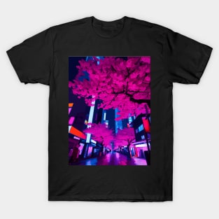 Tokyo City Japan at Night Cyberpunk Cityscape Cherry Blossom T-Shirt